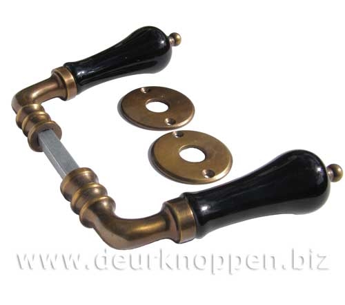 ouderwetse deurkrukken - porselein zwart(set) antiek messing