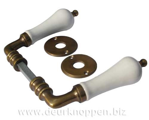 ouderwetse deurkrukken - porselein wit (set) antiek messing